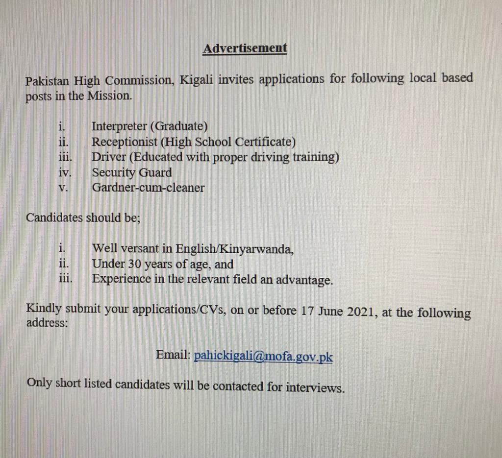 Submit CVs-New Recruitment at Pakistan High Commission - Jobweb Rwanda